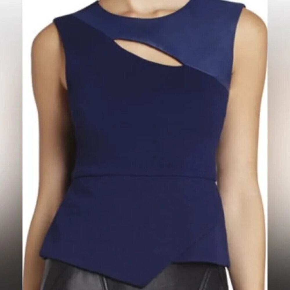 BCBGMAXAZRIA Mya Asymmetric Sleeveless Faux Leather Trim Top Navy Size XS $180